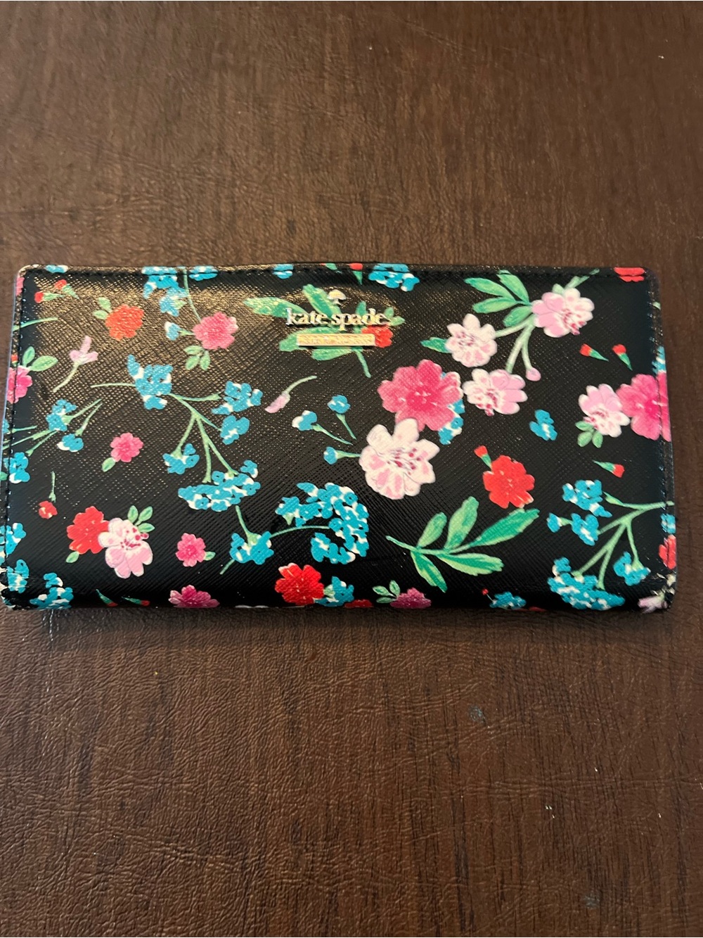 kate spade Black Floral Continental Wallet with Gold Logo